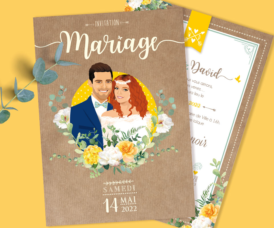 Faire-part de mariage jaune et vert champêtre nature sur fond kraft original - Invitation avec portrait de couple - dessin d’après vos photos.