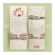 Faire-part de mariage bohème chic nature original couleur rose poudré, orange corail, vert foncé et vert mint. Invitation avec portrait de couple d'après vos photos - Oiseaux et jardin et aquarelle vintage