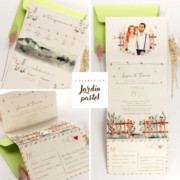 Faire-part de mariage bohème chic nature original couleur rose poudré, orange corail, vert foncé et vert mint. Invitation avec portrait de couple d'après vos photos - Oiseaux et jardin et aquarelle vintage