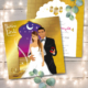 Faire-part de mariage oriental 1001 nuits Aladdin avec lampe de génie et porte orientale. Faire-part originaux avec vos portraits dessinés
