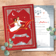 Faire-part mariage oriental original chic, livre conte de fées, 1001 nuits, Shéhérazade, Alddin Couple en dessin d’après vos photos sur un tapis volant avec une lampe de génie. Style romantique chic. Couleurs or doré, argenté rouge bordeaux - écriture arabesques Invitation de mariage avec programme en ligne avec horaires, pictogrammes et dessins. Création de Pamela Gonzalez pour le studio postscriptum