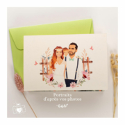 Faire-part de mariage bohème chic nature original couleur rose poudré, orange corail, vert foncé et vert mint. Invitation avec portrait de couple d'après vos photos - Oiseaux et jardin et aquarelle vintage