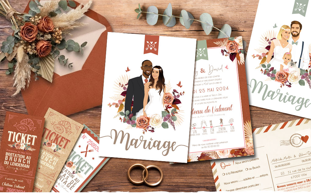 Faire-part de mariage terracotta pampa bohème original nature - Invitation avec portrait de couple en dessin d’après photos. Vert sauge, or et brique