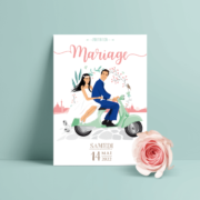 Faire-part de mariage romantique - thème vespa dolce vita. Teintes pastel poudré : rose , bleu vert mint corail - Style amour romantique chic avec ligne de programme du mariage avec des pictogrammes. Portraits dessin d’après vos photos, caricature ou avatar - Invitation pour mariage original Création de Pamela Gonzalez pour le studio postscriptum.