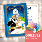 Faire-part mariage original thème princesse chic, il était une fois, livre conte de fées, Cendrillon. Couple en dessin d’après vos photos avec diadème carrosse et château Disney de la belle au bois dormant. Style romantique chic. Couleurs or doré, rose bleu foncé nuit Invitation de mariage avec programme en ligne avec horaires, pictogrammes et dessins. Création de Pamela Gonzalez pour le studio postscriptum