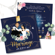 Faire-part mariage original thème princesse chic, il était une fois, livre conte de fées, Cendrillon. Couple en dessin d’après vos photos avec diadème carrosse et château Disney de la belle au bois dormant. Style romantique chic. Couleurs or doré, rose bleu foncé nuit Invitation de mariage avec programme en ligne avec horaires, pictogrammes et dessins. Création de Pamela Gonzalez pour le studio postscriptum