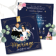 Faire-part mariage original thème princesse Disney chic Bleu nuit et or doré. Style était une fois, livre conte de fées, Cendrillon. Couple en dessin d’après vos photos de la belle et la bête.