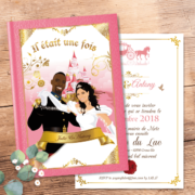 faire-part de mariage original romantique conte de fée, princesse, cendrillon prince charmant Il était une fois Couple de mariés en prince charmant et princesse style cendrillon - fond or et rose poudré avec le château de la Belle au bois dormant