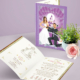 faire-part de mariage original romantique conte de fée, princesse avec enfant, cendrillon prince charmant Il était une fois Couple de mariés en prince charmant et princesse style cendrillon - fond violet lilas prune parme poudré et argent avec le château de la Belle au bois dormant