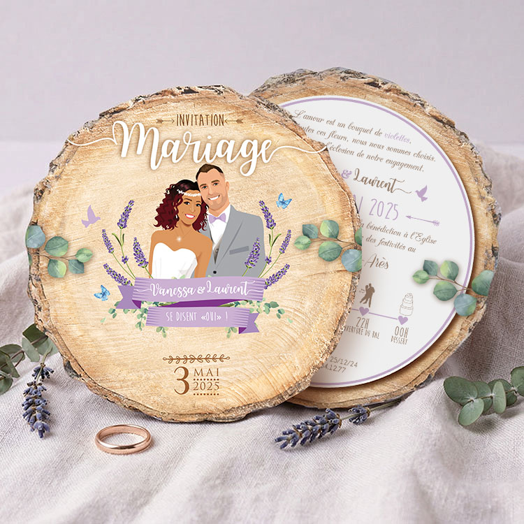 Faire-part mariage rondin de bois thème lavande et Provence avec illustration de couple d’après photos
