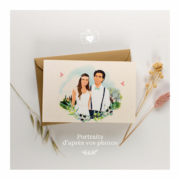 Faire-part de mariage Provence ou Portugal original – thème oliviers vignes - Invitation avec portrait de couple - dessin d’après vos photos. Vert olive et rose pastel