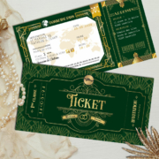 Faire-part de mariage rétro années 20 vert et or sous forme de billet de train ou d’avion - thème années folles, Gatsby, Peaky Blinders original avec décoration art déco - voyage dans le temps