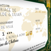 Faire-part de mariage rétro années 20 vert et or sous forme de billet de train ou d’avion - thème années folles, Gatsby, Peaky Blinders original avec décoration art déco - voyage dans le temps