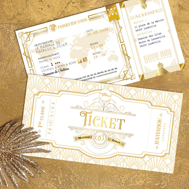 Faire-part de mariage rétro années 20 blanc et or sous forme de billet de train ou d’avion doré - thème années folles, Gatsby, Peaky Blinders original avec décoration art déco - voyage dans le temps