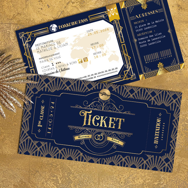 Faire-part de mariage rétro années 20 bleu et or doré sous forme de billet de train ou d’avion - thème années folles, Gatsby, Peaky Blinders original avec décoration art déco - voyage dans le temps