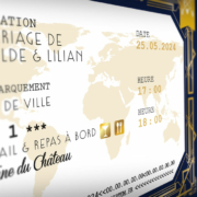 Faire-part de mariage rétro années 20 bleu et or doré sous forme de billet de train ou d’avion - thème années folles, Gatsby, Peaky Blinders original avec décoration art déco - voyage dans le temps