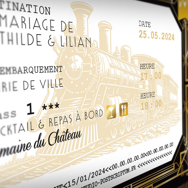 Faire-part de mariage rétro années 20 noir et or doré sous forme de billet de train ou d’avion - thème années folles, Gatsby, Peaky Blinders original avec décoration art déco - voyage dans le temps