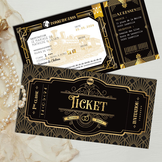 Faire-part de mariage rétro années 20 noir et or doré sous forme de billet de train ou d’avion - thème années folles, Gatsby, Peaky Blinders original avec décoration art déco - voyage dans le temps