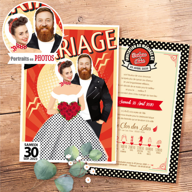 Faire-part de mariage rock drôle - rockabilly vintage années 50 - 60 - invitation de mariage Humour décalé avec photos