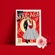 Faire-part de mariage sur le thème musique Rock Rouge et noir avec perfecto et robe à pois pour ajouter une touche Rockabilly à votre mariage