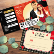 Faire-part de mariage original et drôle sur le thème musique Rock Rouge et noir avec perfecto et robe à pois - coupons repas - billet ticket de concert rock original