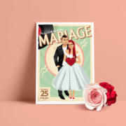 Faire-part de mariage sur le thème musique Rock aux couleurs pastel vintage – avec perfecto et robe à pois pour ajouter une touche Rock’n Love à votre mariage