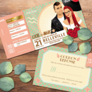 Faire-part de mariage sur le thème musique Rock aux couleurs pastel vintage – avec perfecto et robe à pois pour ajouter une touche Rock’n Love à votre mariage - coupons repas - billet ticket de concert rock original