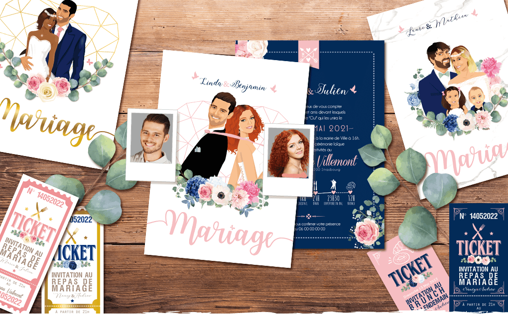 Faire-part de mariage chic et élégant - thème romantique chic doré, coeurs rose pastel poudré et or. Style amour minimaliste chic avec ligne de programme du mariage avec des pictogrammes Portraits dessin d’après vos photos, caricature ou avatar - Invitation pour mariage original