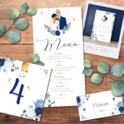 Décoration pour invitation de mariage chic et élégant - thème romantique chic doré, coeurs bleu pastel nuit et or Style amour minimaliste chic - plan de table, menu, noms de table, marque-place, nominette, numéro de table