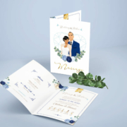 Faire-part de mariage chic et élégant - thème romantique chic doré, coeurs bleu pastel nuit et or Style amour minimaliste chic avec ligne de programme du mariage avec des pictogrammes Portraits dessin d’après vos photos, caricature ou avatar - Invitation pour mariage original