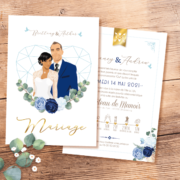 Faire-part de mariage chic et élégant - thème romantique chic doré, coeurs bleu pastel nuit et or Style amour minimaliste chic avec ligne de programme du mariage avec des pictogrammes Portraits dessin d’après vos photos, caricature ou avatar - Invitation pour mariage original