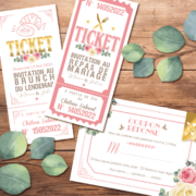 Coupons repas pour invitation de mariage chic et élégant - thème romantique bohème, rose poudré et bleu nuit. Style amour minimaliste chic - coupons réponse RSVP et ticket repas et ticket brunch