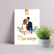 Faire-part de mariage chic et élégant - thème romantique chic doré, coeurs rose pastel poudré et or. Style amour minimaliste chic avec ligne de programme du mariage avec des pictogrammes Portraits dessin d’après vos photos, caricature ou avatar - Invitation pour mariage original