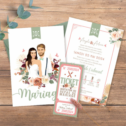 faire-part-mariage-sauge-rose-vert-boheme Faire-part de mariage bohème vert sauge,blanc,rose et terracotta nature original avec fleurs séchées de pampa - vert sapin, rouge bordeaux, terre de sienne, mint et rose poudré pastel