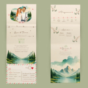 Faire-part Suisse Bohème chic original avec vos portraits dessinés d’après vos photos. Thème lac de montagne en Suisse. Couleurs pastel, aquarelle, bleu, vert, rose et blanc. Avec montagnes, forêt et paysage suisse. Invitation personnalisable pour mariage, Baptême, anniversaire, bar mitzvah