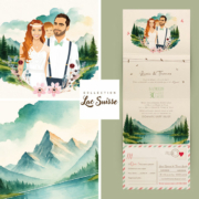 Faire-part Suisse Bohème chic original avec vos portraits dessinés d’après vos photos. Thème lac de montagne en Suisse. Couleurs pastel, aquarelle, bleu, vert, rose et blanc. Avec montagnes, forêt et paysage suisse. Invitation personnalisable pour mariage, Baptême, anniversaire, bar mitzvah