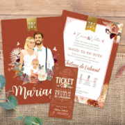 Faire-part de mariage terracotta pampa bohème original nature - Invitation avec portrait de couple en dessin d’après photos. Vert sauge, or et brique