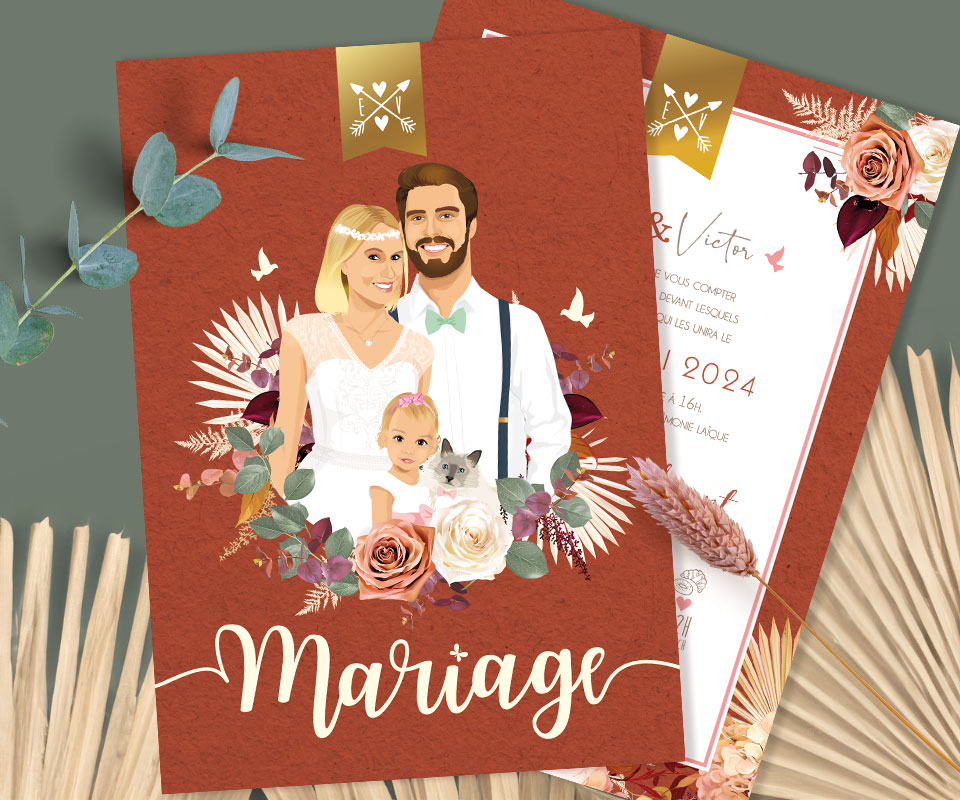 Faire-part de mariage terracotta bohème nature. Invitation originale terracotta rouge orange brique avec fleurs séchées de pampa - portraits et photos