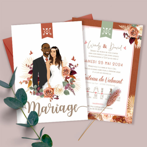 faire-part-mariage-terracotta-pampa Vous recherchez un un faire-part de mariage style bohème avec des fleurs de pampa et fleurs séchées, couleurs terracotta, beige et vert sauge. Voici un modèle original personnalisé parfait avec vos portraits en dessin.