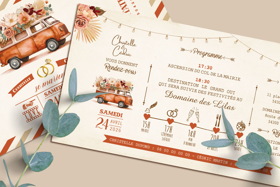 Faire-part Bohème terracotta original sous forme de billets ou de tickets vintage.Thème Voyage bohème vintage avec van combi volkswagen terracotta et fleurs de pampa Invitation vanlife pour mariage, Baptême, anniversaire, bar mitzvah