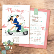 Faire-part de mariage romantique - thème vespa dolce vita. Teintes pastel poudré : rose , bleu vert mint corail - Style amour romantique chic avec ligne de programme du mariage avec des pictogrammes. Portraits dessin d’après vos photos, caricature ou avatar - Invitation pour mariage original Création de Pamela Gonzalez pour le studio postscriptum.