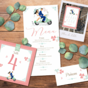 Décoration pour invitation de mariage romantique - thème vespa dolce vita. Teintes pastel poudré : rose , bleu vert mint corail - Style amour romantique chic plan de table, menu, noms de table, marque-place, nominette, numéro de table. Portraits dessin d’après vos photos, caricature ou avatar. Création de Pamela Gonzalez pour le studio postscriptum.