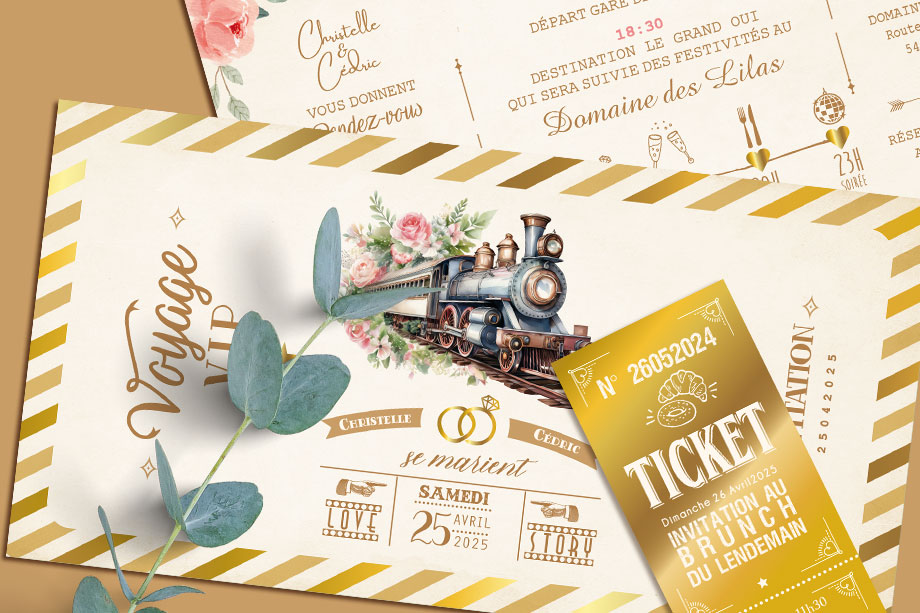 Faire-part original sous forme de billets ou de tickets vintage.Thème Voyage bohème vintage avec train à vapeur rétro en aquarelle pastel. Invitation pour mariage, Baptême, anniversaire, bar mitzvah.