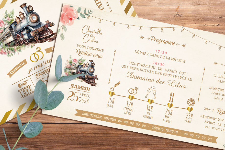 Faire-part original sous forme de billets ou de tickets vintage.Thème Voyage bohème vintage avec train à vapeur rétro en aquarelle pastel. Invitation pour mariage, Baptême, anniversaire, bar mitzvah.