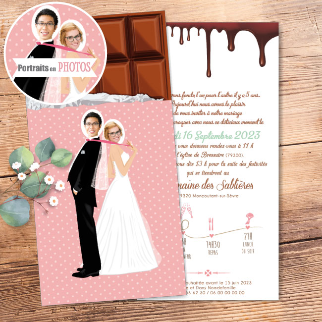 Faire-part de mariage gourmand drôle - tablette de chocolat rose poudré pastel - invitation de mariage Humour décalé avec photos