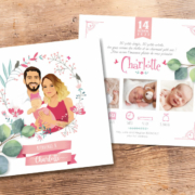 Faire-part de naissance original et doux - thème bohème romantique couleur rose pastel poudré. Portraits famille - naissance bébé fille - dessin d’après vos photos, caricature ou avatar - Annonce naissance bébé originale