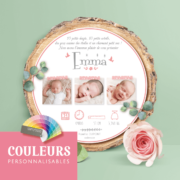 Faire-part de naissance original attrape rêves – papier cartonné découpé en forme de rondelle de bois avec les photos de votre bébé fille ou bébé garçon - modèle avec attrape rêve et fleurs bohème rose poudré pastel - style champêtre chic, campagne rustique. Création : studio postscriptum