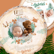 Faire-part de naissance forêt bois original avec photos et petit renard et biche. Découpé en forme de rondelle