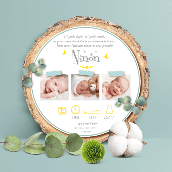 Faire-part de naissance original jaune et mint – papier cartonné découpé en forme de rondelle de bois avec les photos de votre bébé fille ou bébé garçon - modèle avec couronne de fleurs bohème jaune et mint tendre, poudré pastel - style champêtre chic, campagne rustique. Création : studio postscriptum