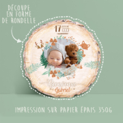 Faire-part de naissance thème forêt bois original avec photos et petit renard et biche. Découpé en forme de rondelle